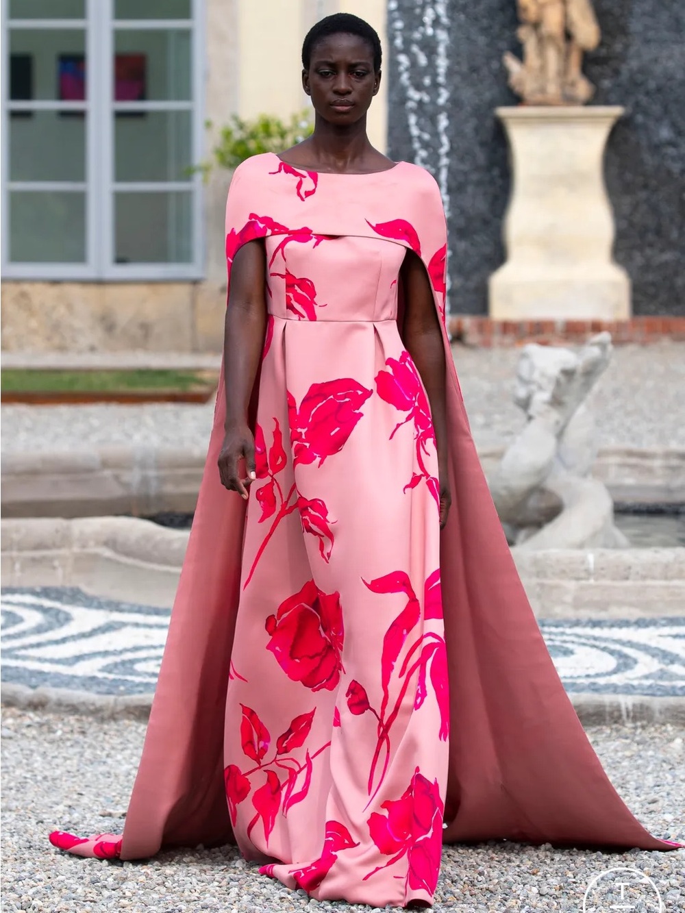 Huishan Zhang Elegant Pink Floral Evening Gown with Matching Cape